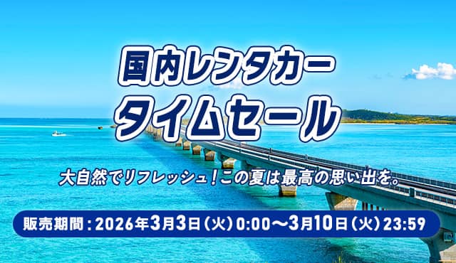国内レンタカータイムセール 大自然でリフレッシュ！この夏は最高の思い出を。 販売期間：2026年3月3日（火）0：00～3月10日（火）23：59