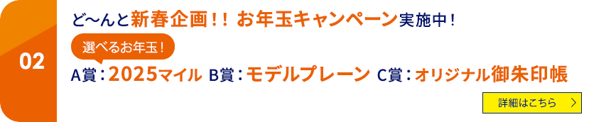 02 ど~んと新春企画!! お年玉キャンペーン実施中! 選べるお年玉! A賞:2025マイル B賞:モデルプレーン C賞:オリジナル御朱印帳 詳細はこちら