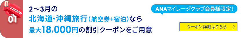 01 ANAマイレージクラブ会員様限定！ 2～3月の北海道・沖縄旅行（航空券+宿泊）なら最大18,000円の割引クーポンをご用意 クーポン詳細はこちら