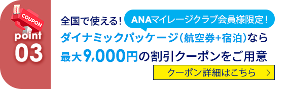 03 ANAマイレージクラブ会員会員様限定！ 全国で使える！ダイナミックパッケージ（航空券+宿泊）なら最大9,000円の割引クーポンをご用意 クーポン詳細はこちら