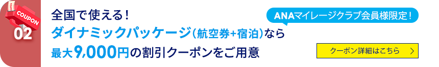 02 ANAマイレージクラブ会員様限定！ 全国で使える！ダイナミックパッケージ（航空券+宿泊）なら最大9,000円の割引クーポンをご用意 クーポン詳細はこちら