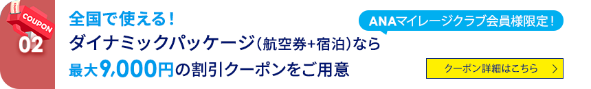 02 ANAマイレージクラブ会員様限定！ 全国で使える！ダイナミックパッケージ（航空券+宿泊）なら最大9,000円の割引クーポンをご用意 クーポン詳細はこちら