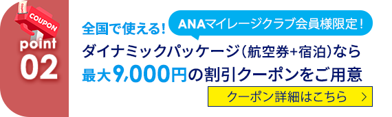 02 ANAマイレージクラブ会員様限定！ 全国で使える！ダイナミックパッケージ（航空券+宿泊）なら最大9,000円の割引クーポンをご用意 クーポン詳細はこちら