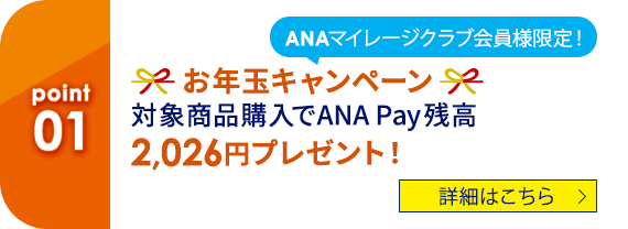 01 ANAマイレージクラブ会員様限定！ お年玉キャンペーン　対象商品購入でANA Pay残高2,026円プレゼント！ 詳細はこちら