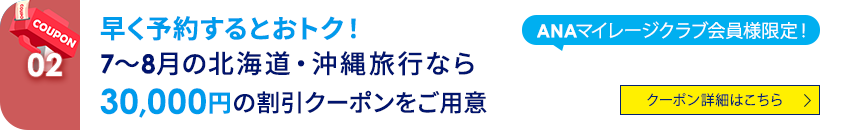 02 ANAマイレージクラブ会員様限定！ 早く予約するとおトク！7～8月の北海道・沖縄旅行なら30,000円の割引クーポンをご用意 クーポン詳細はこちら
