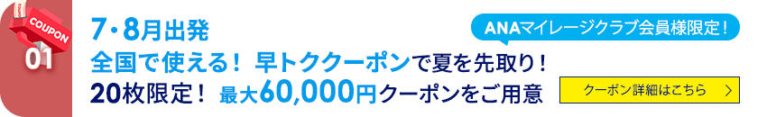 01 ANAマイレージクラブ会員様限定！ 7・8月出発　全国で使える！早トククーポンで夏を先取り！ 20枚限定！最大60,000円クーポンをご用意。 クーポン詳細はこちら