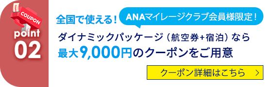 02 ANAマイレージクラブ会員様限定！ 全国で使える！ダイナミックパッケージ（航空券+宿泊）なら最大9,000円のクーポンをご用意 クーポン詳細はこちら