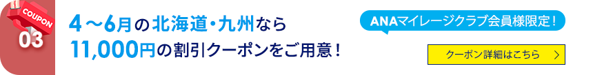 03 ANAマイレージクラブ会員様限定！ 4～6月の北海道・九州なら11,000円の割引クーポンをご用意！ クーポン詳細はこちら