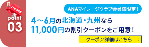 03 ANAマイレージクラブ会員様限定！ 4～6月の北海道・九州なら11,000円の割引クーポンをご用意！ クーポン詳細はこちら