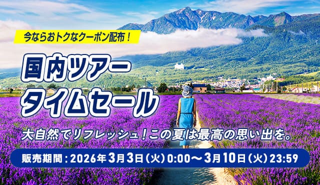今ならおトクなクーポン配布！国内ツアータイムセール 大自然でリフレッシュ！この夏は最高の思い出を。 販売期間：2026年3月3日（火）0:00～3月10日（火）23:59
