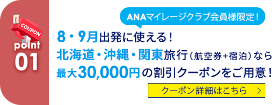 01 ANAマイレージクラブ会員様限定！ 8・9月出発に使える！　北海道・沖縄・関東旅行（航空券+宿泊）なら最大30,000円の割引クーポンをご用意！ クーポン詳細はこちら