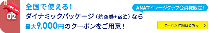 02 ANAマイレージクラブ会員様限定！ 全国で使える！ダイナミックパッケージ（航空券+宿泊）なら最大9,000円のクーポンをご用意！ クーポン詳細はこちら