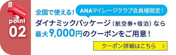 02 ANAマイレージクラブ会員様限定！ 全国で使える！ダイナミックパッケージ（航空券+宿泊）なら最大9,000円のクーポンをご用意！ クーポン詳細はこちら