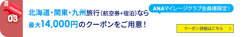 03 ANAマイレージクラブ会員様限定！ 北海道・関東・九州旅行（航空券+宿泊）なら最大14,000円のクーポンをご用意！ クーポン詳細はこちら