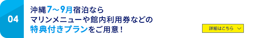 04 沖縄 7～9月宿泊ならマリンメニューや館内利用券などの特典付きプランをご用意！ 詳細はこちら