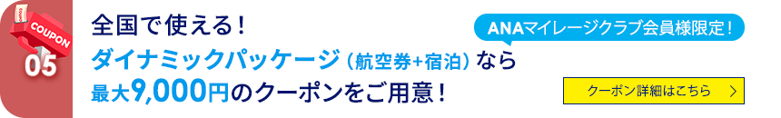 05 ANAマイレージクラブ会員様限定！ 全国で使える！ ダイナミックパッケージ（航空券+宿泊）なら最大9,000円のクーポンをご用意！ クーポン詳細はこちら