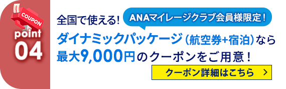 04 ANAマイレージクラブ会員様限定！ 全国で使える！ダイナミックパッケージ（航空券+宿泊）なら最大9,000円のクーポンをご用意！ クーポン詳細はこちら