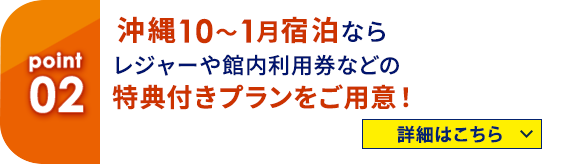02 沖縄10～1月宿泊ならレジャーや館内利用券などの特典付きプランをご用意！ 詳細はこちら