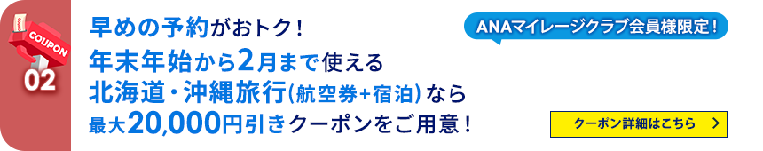02 ANAマイレージクラブ会員様限定！ 早めの予約がおトク！年末年始から2月まで使える北海道・沖縄旅行（航空券＋宿泊）なら最大20,000円引きクーポンをご用意！ クーポン詳細はこちら
