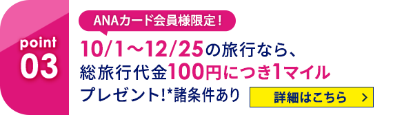 03 ANAカード会員様限定！10/1～12/25の旅行なら、総旅行代金100円につき1マイルプレゼント！*諸条件あり 詳細はこちら