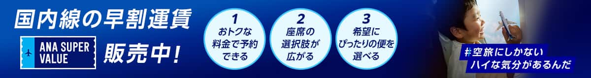 国内線の早割運賃 ANA SUPER VALUE販売中！ 1おトクな料金で予約できる 2座席の選択肢が広がる 3希望にぴったりの便を選べる 空旅にしかないハイな気分があるんだ