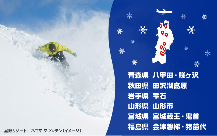 青森県 八甲田・鯵ヶ沢 秋田県 田沢湖高原 岩手県 雫石 山形県 山形市 宮城県 宮城蔵王・鬼首 福島県 会津磐梯・猪苗代 星野リゾート ネコマ マウンテン（イメージ）