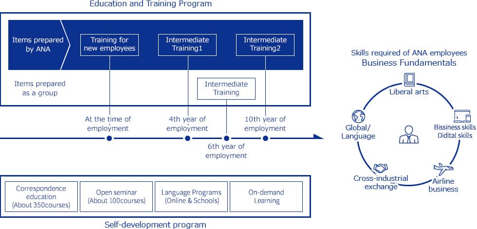 ANA and ANA group companies both provide education and training programs. There are also correspondence education and special offers of language schools as self-development programs.Additionally, skills required for ANA employees are set as business fundametals. In this way, we develop human resources that have an understanding of different cultures, customs and values when excersing their abilities.