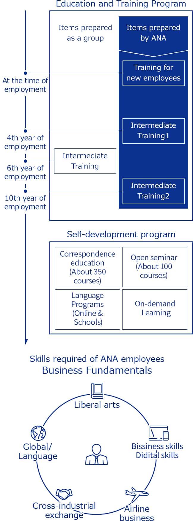 ANA and ANA group companies both provide education and training programs. There are also correspondence education and special offers of language schools as self-development programs.Additionally, skills required for ANA employees are set as business fundametals. In this way, we develop human resources that have an understanding of different cultures, customs and values when excersing their abilities.