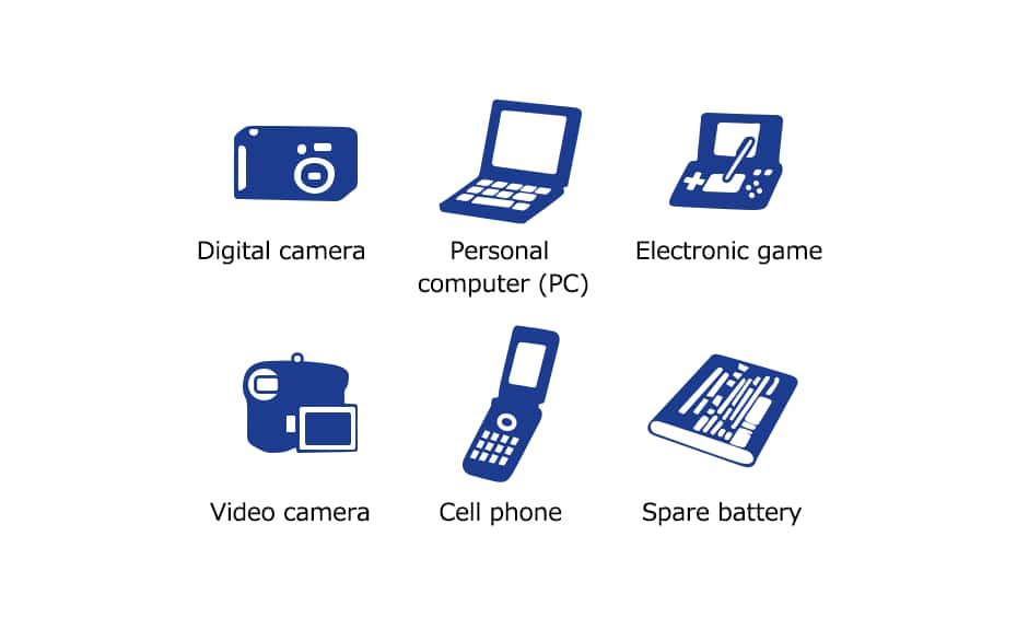 Digital camera, Personal computer(PC), Electronic game, Video camera, Cell phone, Sparebattery
