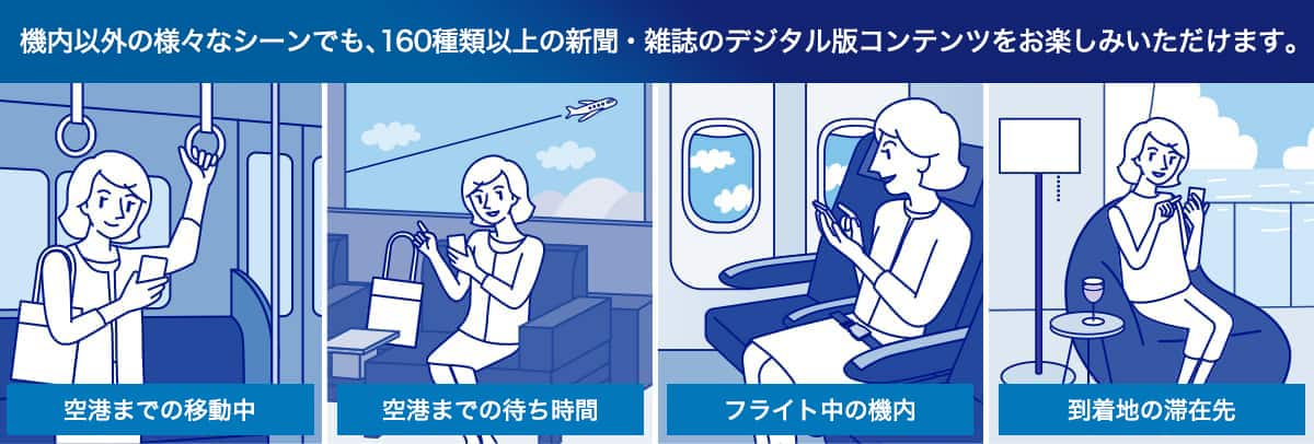 機内以外の様々なシーンでも、160種以上の新聞・雑誌のデジタル版コンテンツをお楽しみいただけます。 空港までの移動中 空港での待ち時間 フライト中の機内 到着地の滞在先