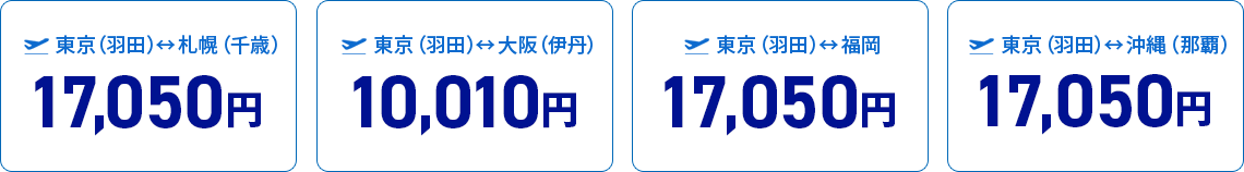 東京（羽田）↔札幌（千歳）17,050円、東京（羽田）↔大阪（伊丹）10,010円、東京（羽田）↔福岡 17,050円、東京（羽田）↔沖縄（那覇）17,050円