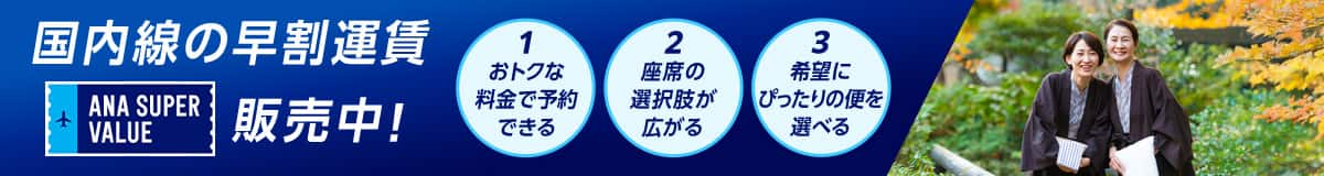 国内線の早割運賃 ANA SUPER VALUE販売中！ 1おトクな料金で予約できる 2座席の選択肢が広がる 3希望にぴったりの便を選べる