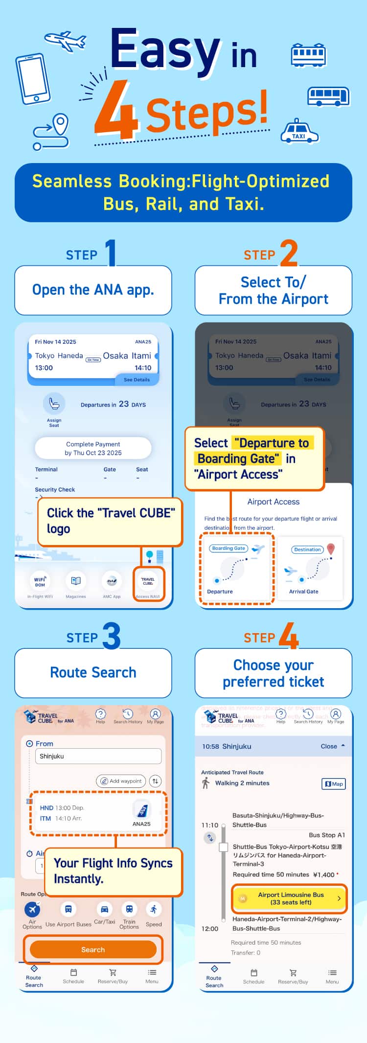 Easy in 4 steps! Seamless Booking: Flight-Optimized Bus, Rail, and Taxi. STEP1 Open the ANA app. Click the "Travel CUBE"logo STEP2 Select To/From the Airport Select "Departure to Boarding Gate" in "Airport Access" STEP3 Route Search Your Flight Info Syncs Instantly. STEP4 Choose your preferred ticket