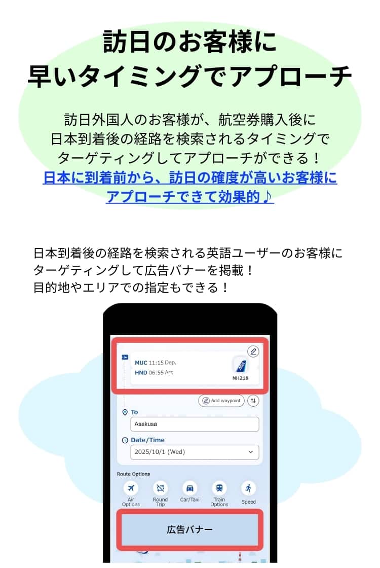 ソリューション7 訪日外国人のお客様が、日本に到着した後の経路を検索するタイミングにターゲティングして、アプローチができます。 訪日の確度が高いお客様にも、海外にいる間にアプローチできて効果的です。