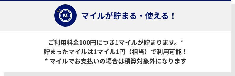 ご利用料金100円につき1マイルが貯まります。*貯まったマイルは1マイル1円（相当）で利用可能！* マイルでお支払いの場合は積算対象外になります