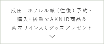 成田＝ホノルル線（往復）予約・購入・搭乗でAKNIR商品＆梨花サイン入りグッズプレゼント