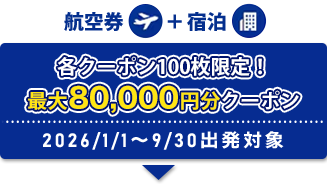 航空券+宿泊 各クーポン100枚限定！ 最大80,0000円分クーポン 2026/1/1〜2026/9/30出発対象