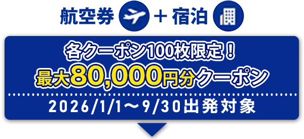 航空券+宿泊 各クーポン100枚限定！ 最大80,0000円分クーポン 2026/1/1〜2026/9/30出発対象