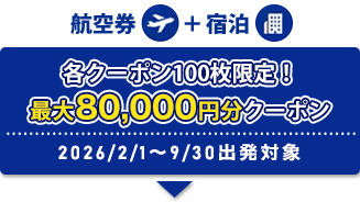 航空券+宿泊 各クーポン100枚限定！ 最大80,000円分クーポン 2026/1/1〜2026/9/30出発対象
