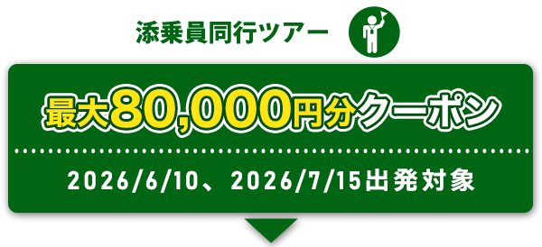 添乗員同行ツアー 最大80,000円分クーポン 2026/6/10、2026/7/15出発対象