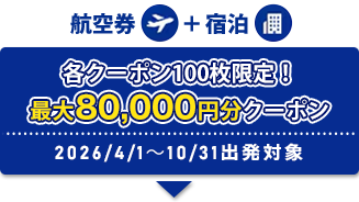 航空券+宿泊 各クーポン100枚限定！ 最大80,0000円分クーポン 2026/4/1～10/31出発対象