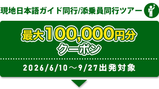 現地日本語ガイド同行/添乗員同行ツアー 最大100,000円分クーポン 2026/4/29～9/27出発対象