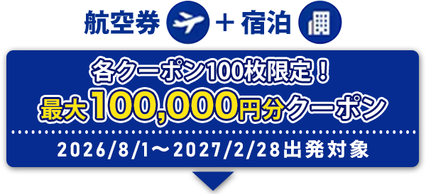 航空券+宿泊 各クーポン100枚限定！ 最大100,0000円分クーポン 2026/8/1～2027/2/28出発対象