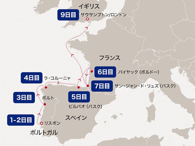 ヨーロッパをズームアップした地図。航路が線で記されている。通過順は1-2日目リスボン・3日目ポルト・4日目ラ・コルーニャ・5日目ビルバオ（バスク）・6日目パイヤック（ボルドー）・7日目サン・ジャン・ド・リュズ（バスク）・9日目サウサンプトン/ロンドン。