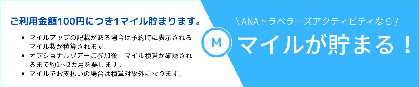 ANAトラベラーズアクティビティならマイルが貯まる! ご利用金額100円につき1マイル貯まります。・マイルアップの記載がある場合は予約時に表示されるマイル数が積算されます。・オプショナルツアーご参加後、マイル積算が確認されるまで約1～2ヶ月を要します。・マイルでお支払いの場合は積算対象外になります。