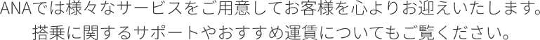 ANAでは様々なサービスをご用意してお客様を心よりお迎えいたします。 搭乗に関するサポートやおすすめ運賃についてもご覧ください。