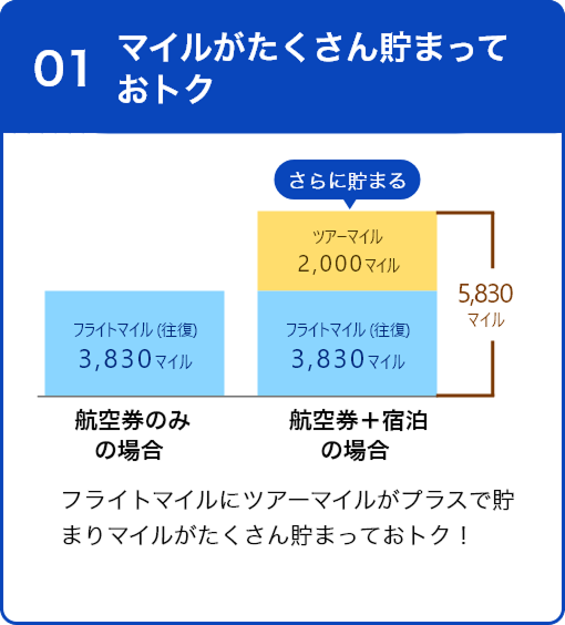 01 マイルが沢山貯まっておトク フライトマイルにツアーマイルがプラスで貯まりマイルがたくさん貯まっておトク！