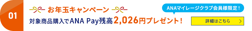 01 ANAマイレージクラブ会員様限定！ お年玉キャンペーン 対象商品購入でANA Pay残高2,026円プレゼント！ 詳細はこちら