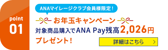 Point01 ANAマイレージクラブ会員様限定！ お年玉キャンペーン 対象商品購入でANA Pay残高2,026円プレゼント！ 詳細はこちら