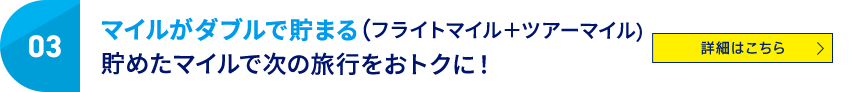 03 マイルがダブルで貯まる（フライトマイル＋ツアーマイル） 貯めたマイルで次の旅行をおトクに！ 詳細はこちら